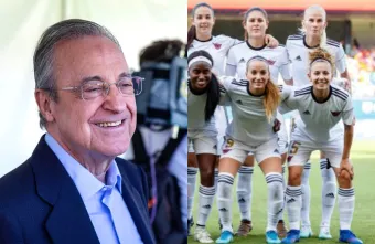 Florentino Pérez y futbolistas del Real Madrid.