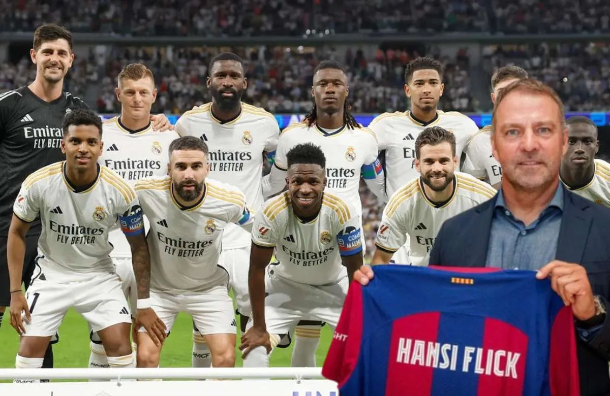 Hansi Flick, jugadores del Real Madrid y Pablo Gavi