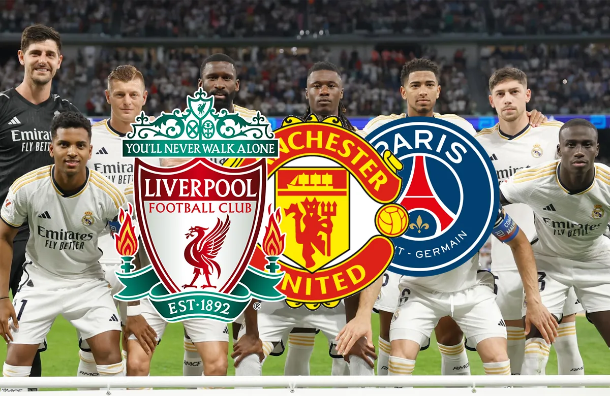 Once del Real Madrid y escudo del Manchester United, Liverpool y Paris Saint-Germain
