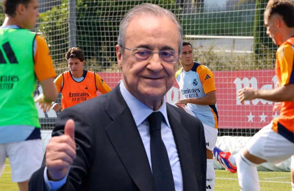 Jugadores entrenando y Florentino Pérez