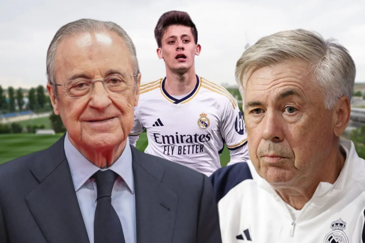 Florentino Pérez, Arda Güler y Carlo Ancelotti.