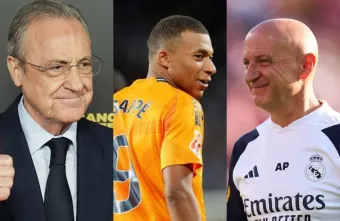 Florentino Pérez, Kylian Mbappé y Antonio Pintus.