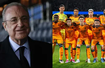 Florentino Pérez y jugadores del Real Madrid.