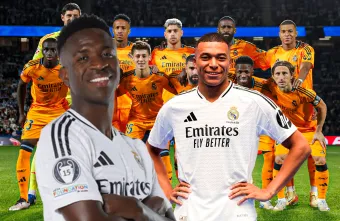 Vinícius Júnior, Kylian Mbappé y once del Real Madrid.