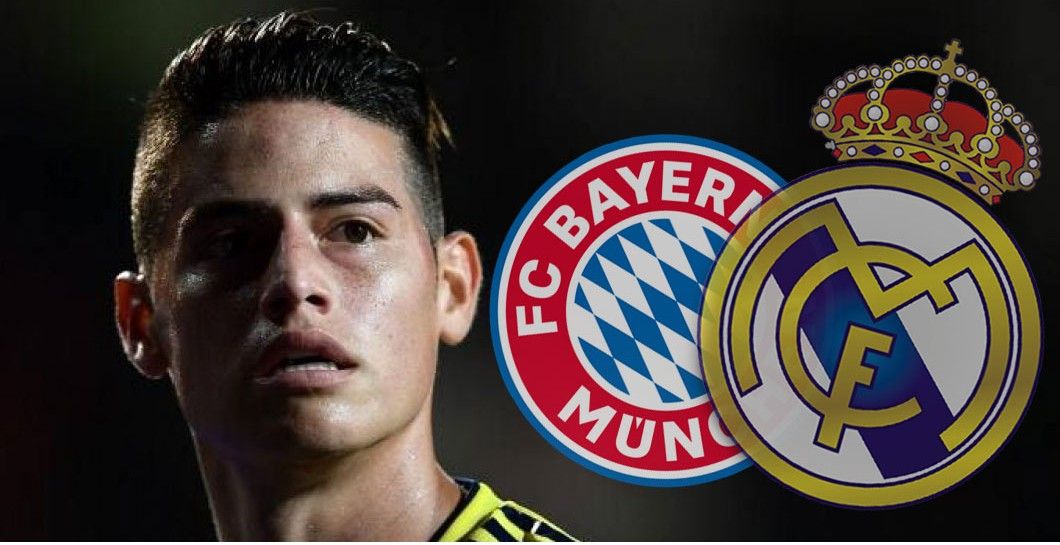 James con escudos de Bayern y Madrid