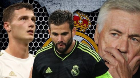 Nacho, Carlo Ancelotti y Benjamin Pavard
