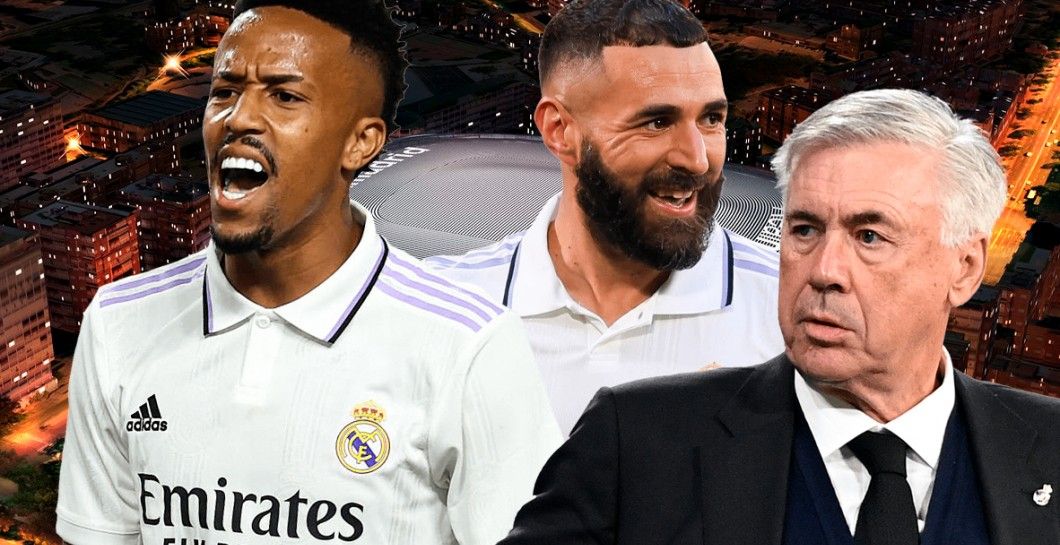 Eder Militao, Karim Benzema y Carlo Ancelotti