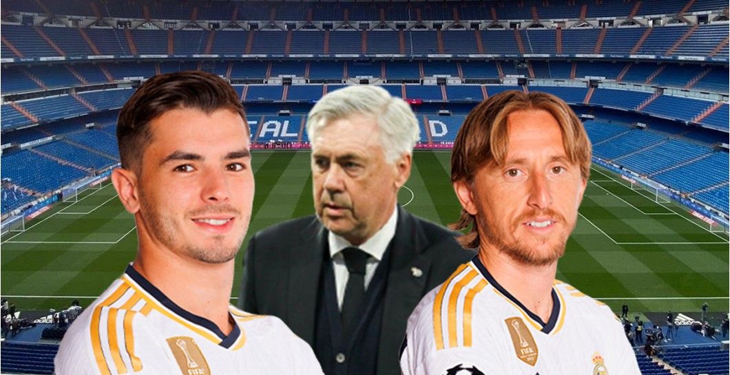 Brahim Díaz, Carlo Ancelotti y Luka Modric