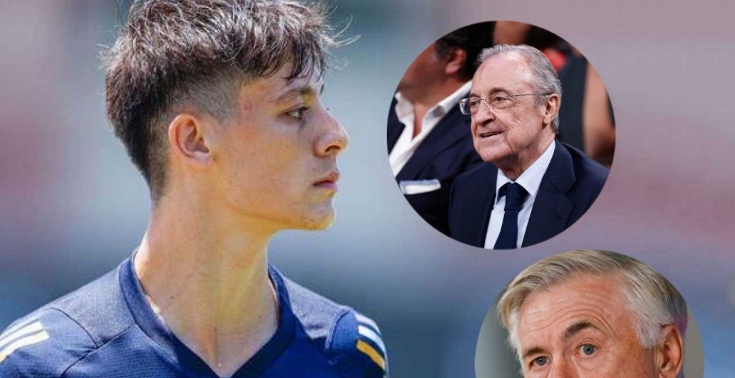 Arda Guler, Carlo Ancelotti y Florentino Pérez