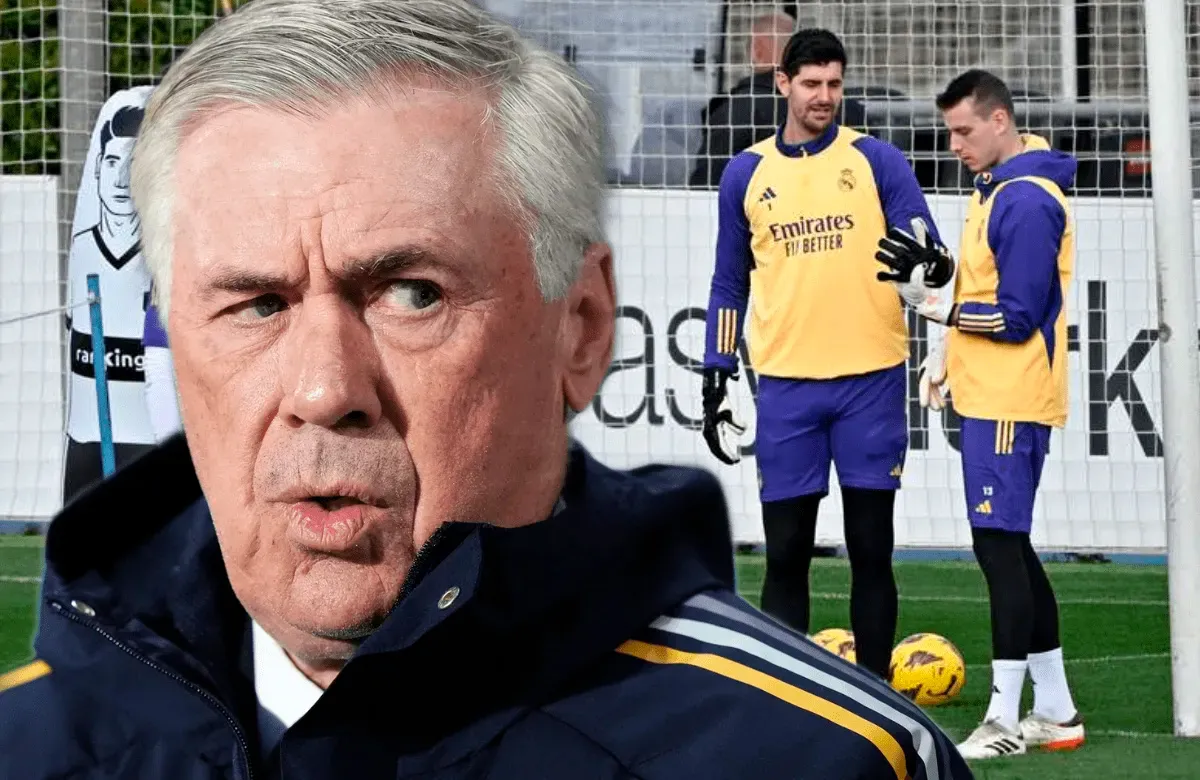 Thibaut Courtois, Carlo Ancelotti y Andriy Lunin