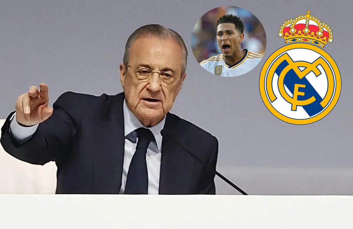 Florentino, escudo del Madrid y Bellingham Florentino, escudo del Madrid y Bellingham