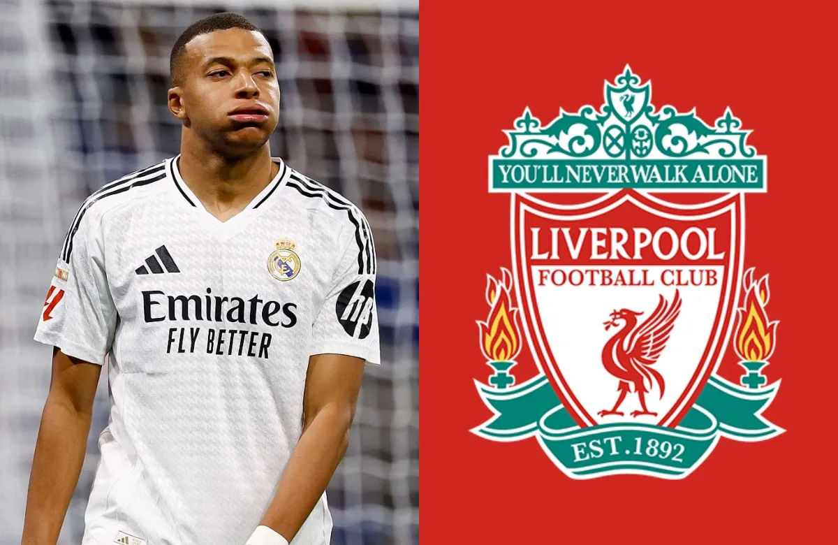 Kylian Mbappé y escudo del Liverpool.