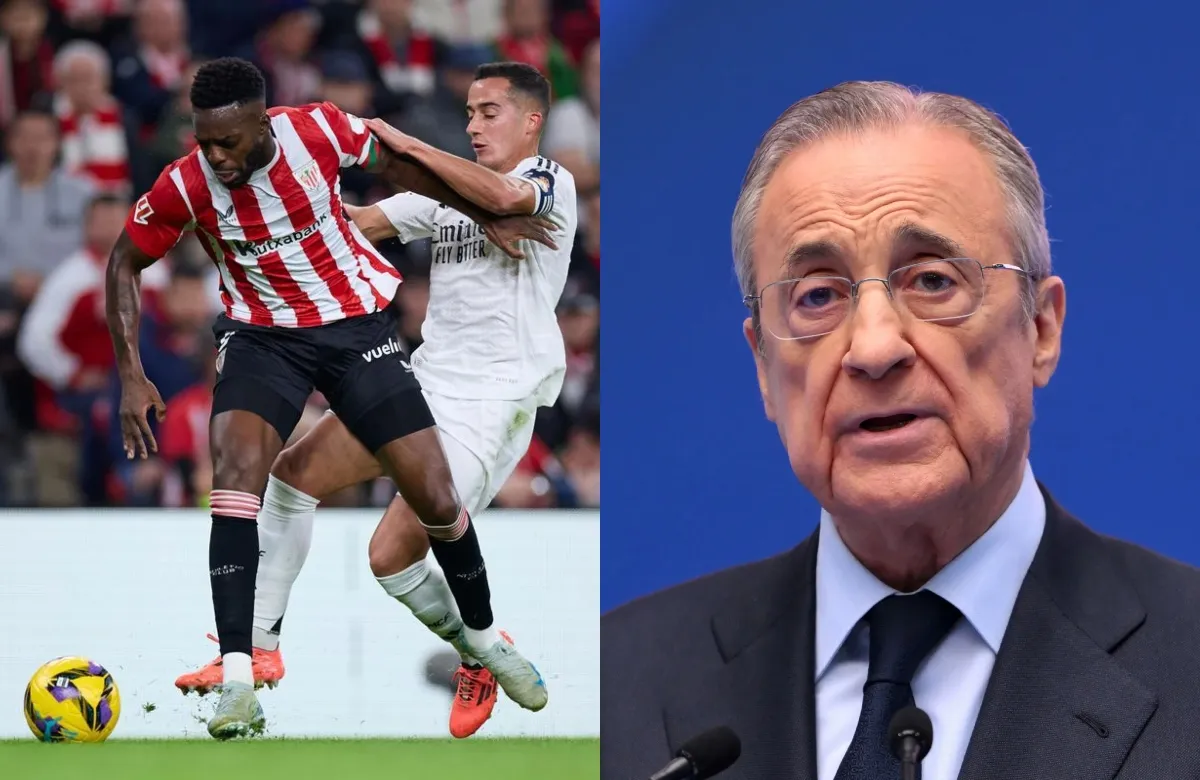 Lucas Vázquez en una acción durante un partido y foto de Florentino Pérez.