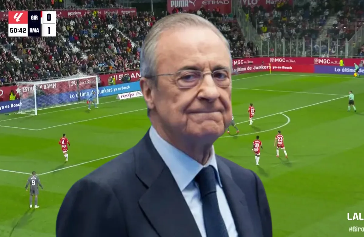 Florentino Pérez y una captura del Girona - Madrid.