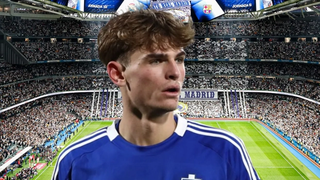 Nico Paz y el Santiago Bernabéu de fondo.