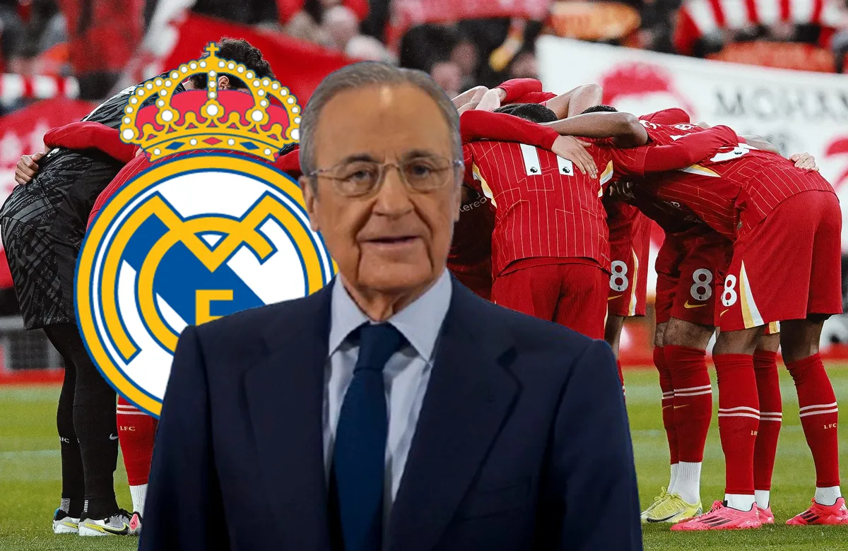 Florentino Pérez, escudo del Real Madrid y jugadores del Liverpool.