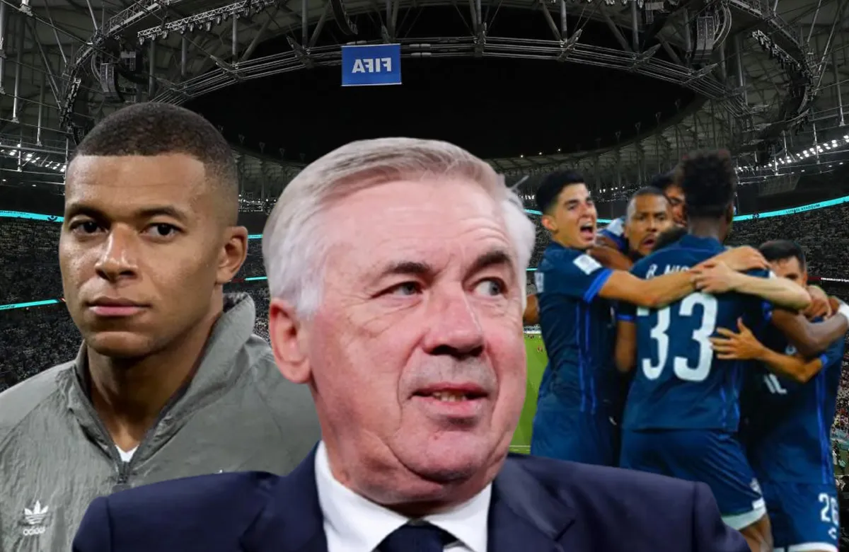 Kylian Mbappé, Carlo Ancelotti y jugadores del Pachuca.