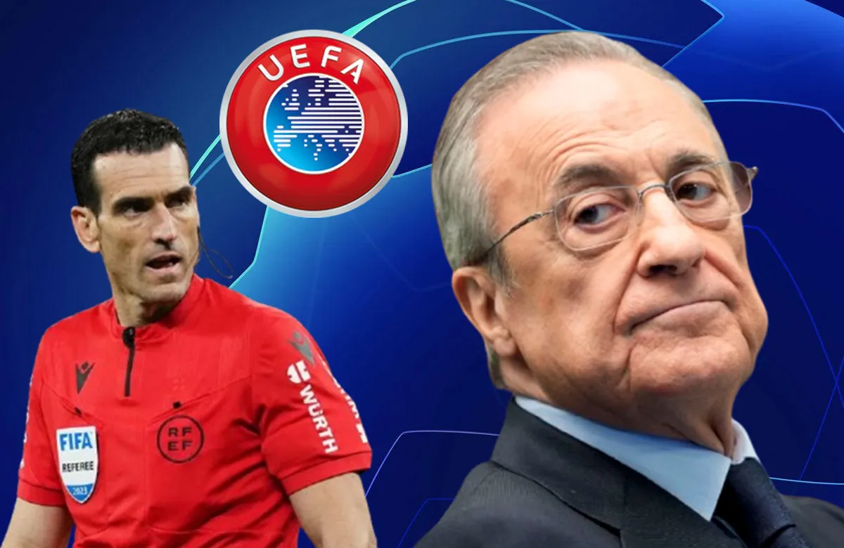 Martínez Munuera, Florentino Pérez y el logo de la UEFA.