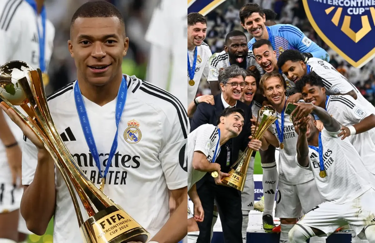 Mbappé con la Intercontinental y jugadores celebrando junto a Chendo