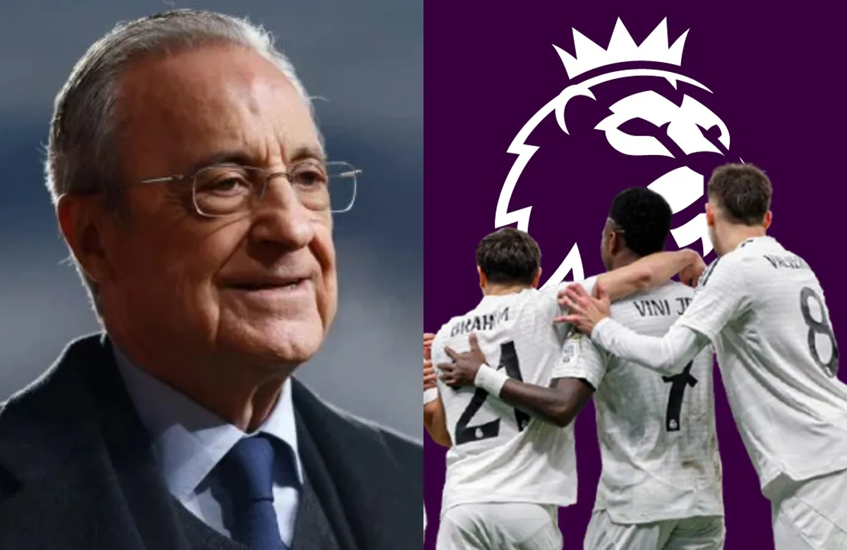 Florentino Pérez y jugadores del Real Madrid con un logo de la Premier League.