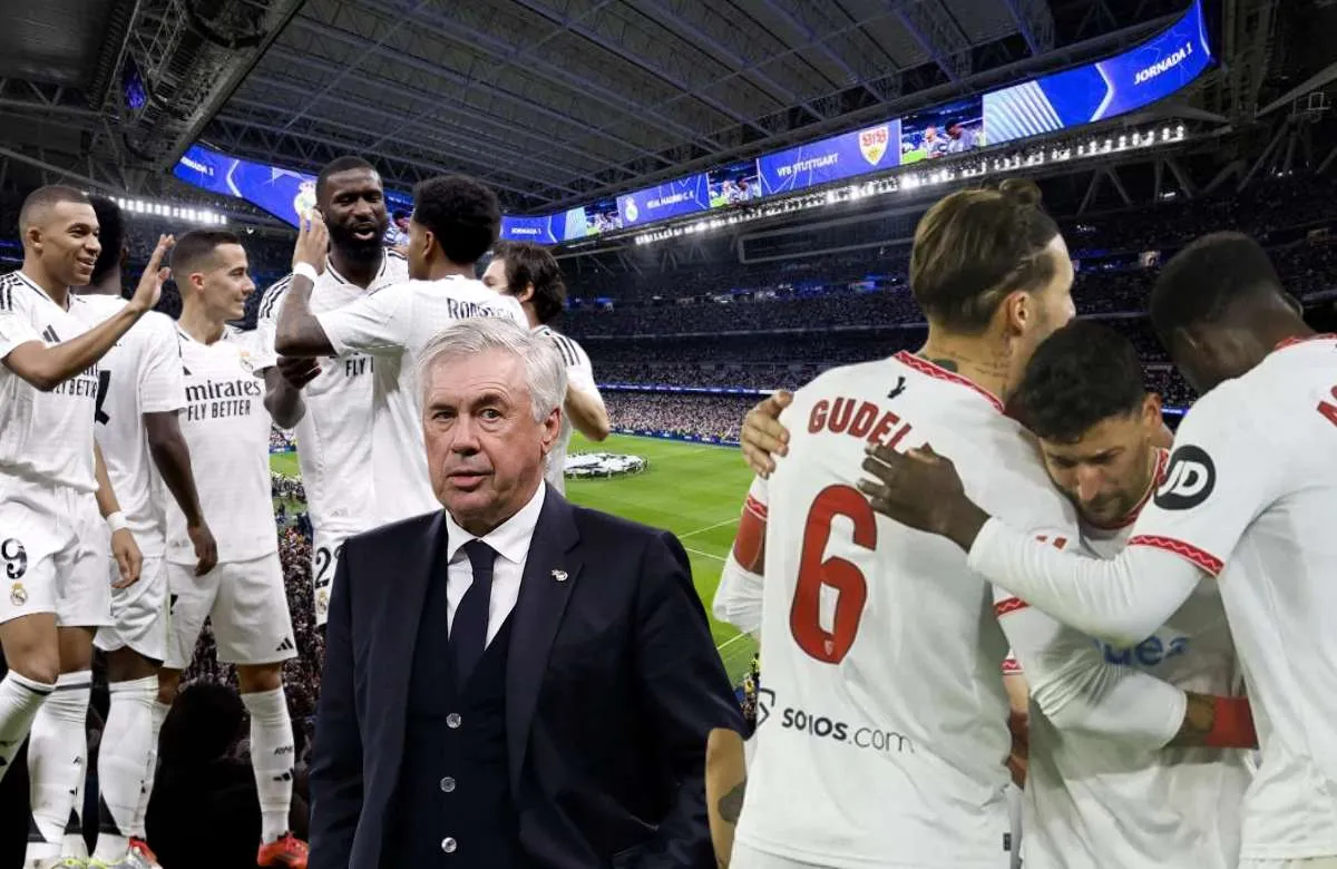 Ancelotti y jugadores del Real Madrid y el Sevilla