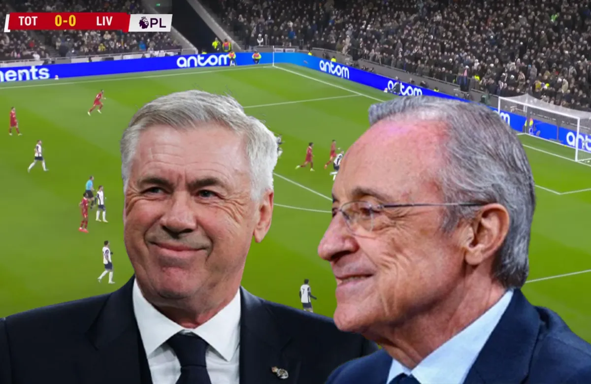 Carlo Ancelotti, Florentino Pérez y una captura del Tottenham - Liverpool.