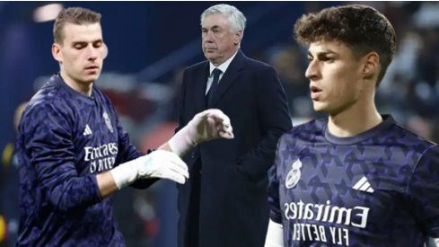 Andriy Lunin, Carlo Ancelotti y Kepa Arrizabalaga