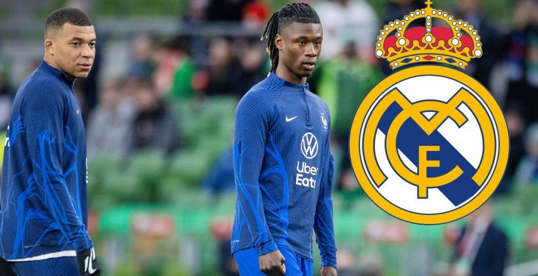 Camavinga, Mbappé y escudo del Madrid