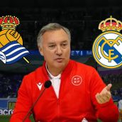 Medina Cantalejo y escudos de la Real Sociedad y el Real Madrid.