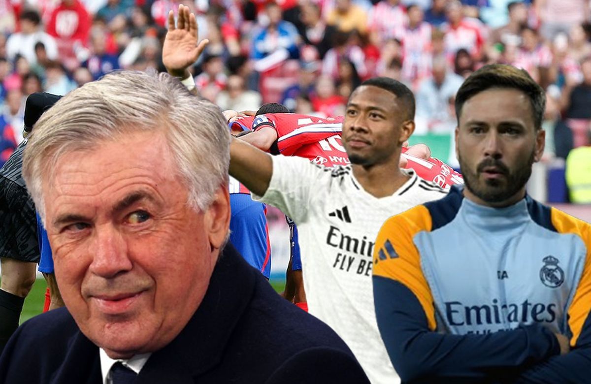 Carlo Ancelotti, David Alaba, Davide Ancelotti y jugadores del Atlético de Madrid.