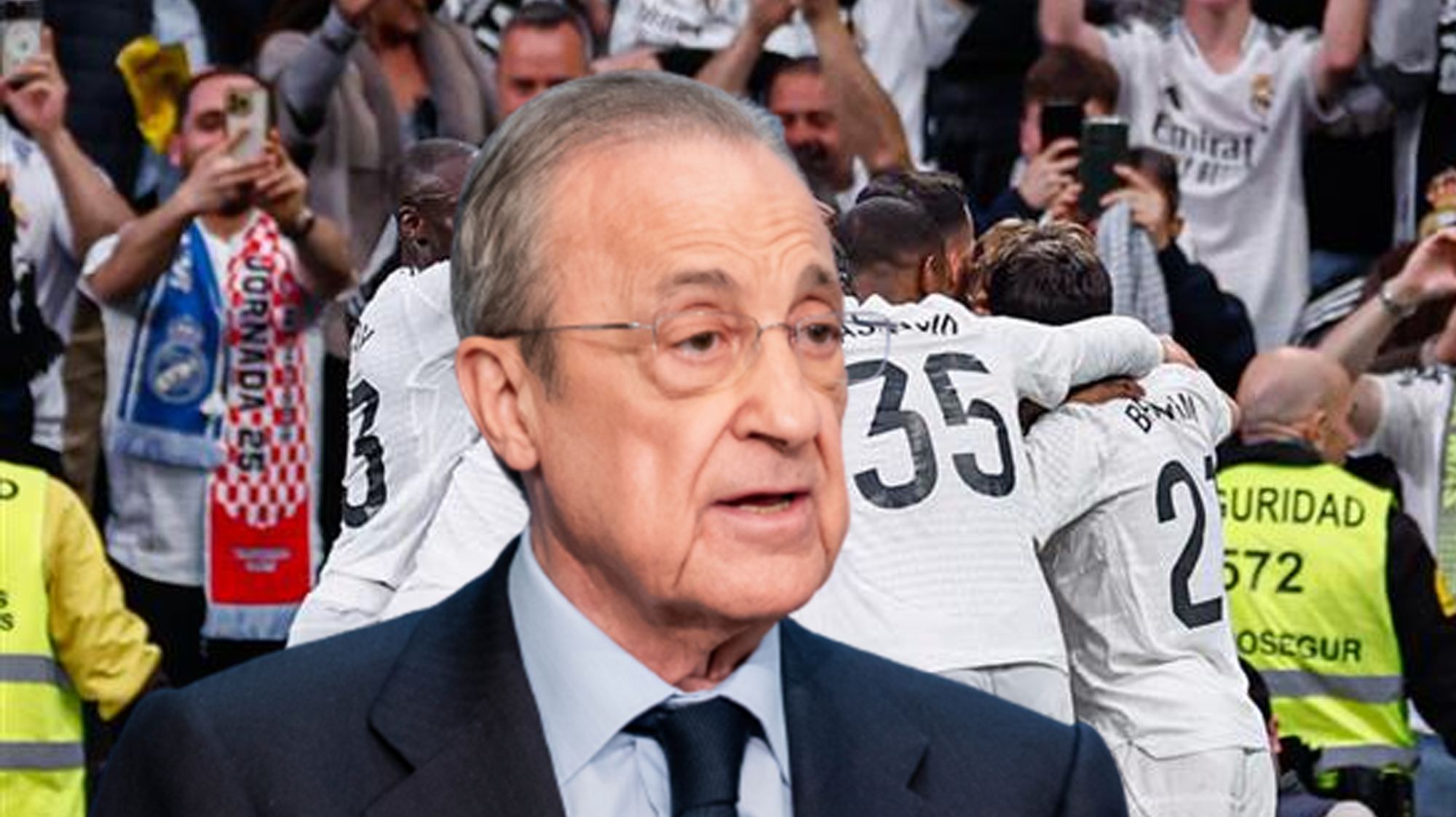 Florentino Pérez y jugadores del Real Madrid celebrando un gol. 