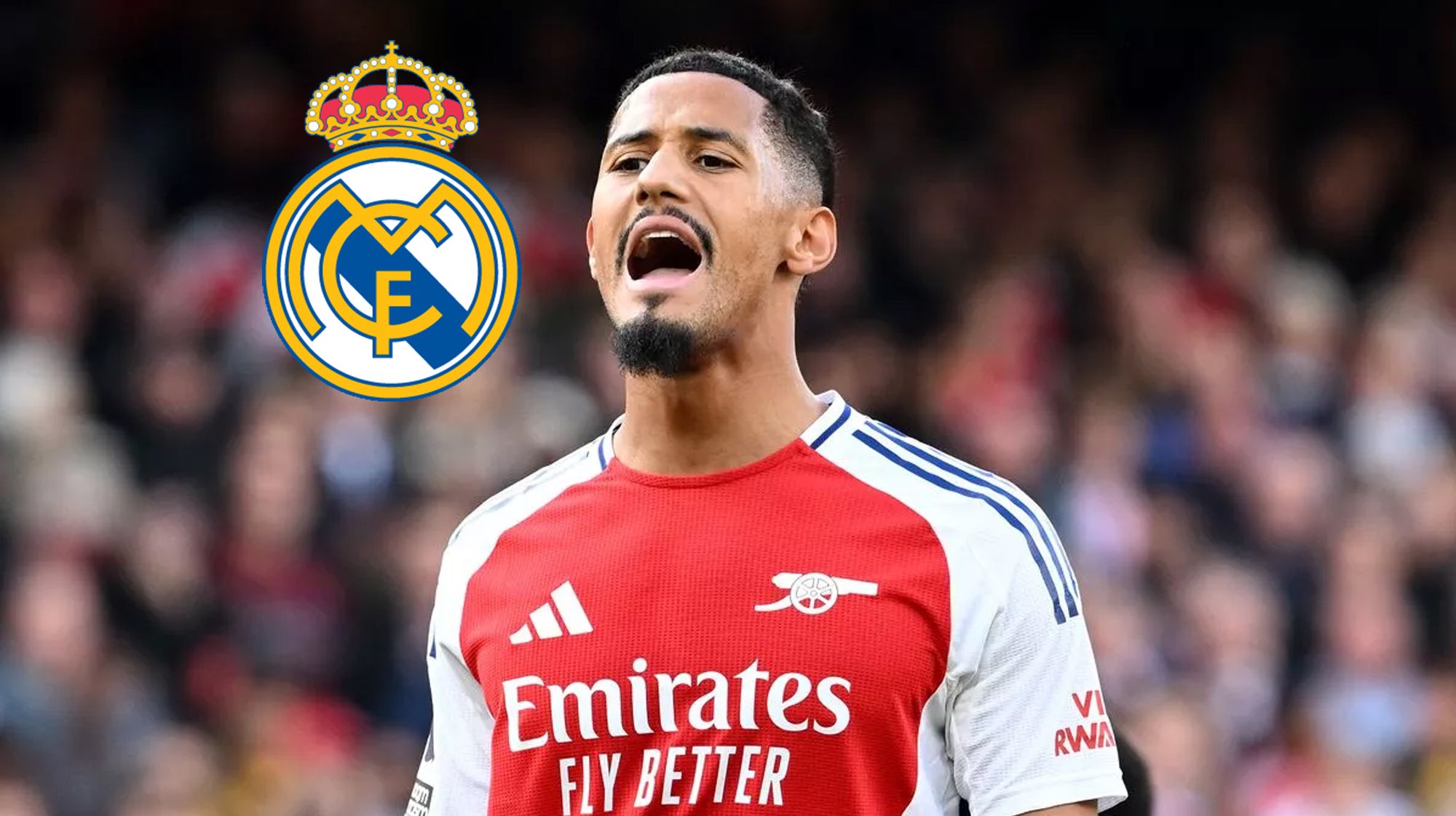 William Saliba y el escudo del Real Madrid.