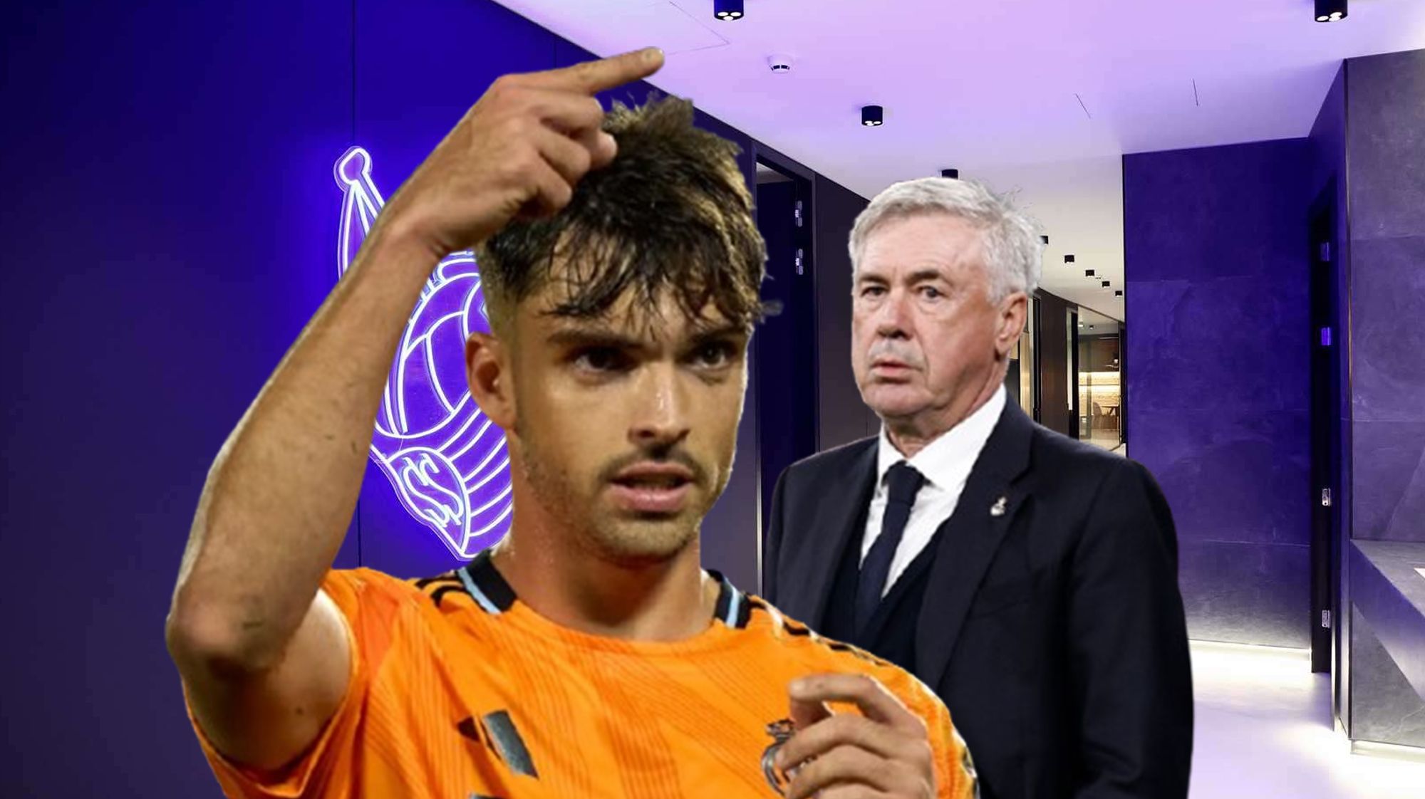 Raúl Asencio y Carlo Ancelotti en el túnel de vestuarios de la Real Sociedad. Raúl Asencio y Carlo Ancelotti en el túnel de vestuarios de la Real Sociedad.