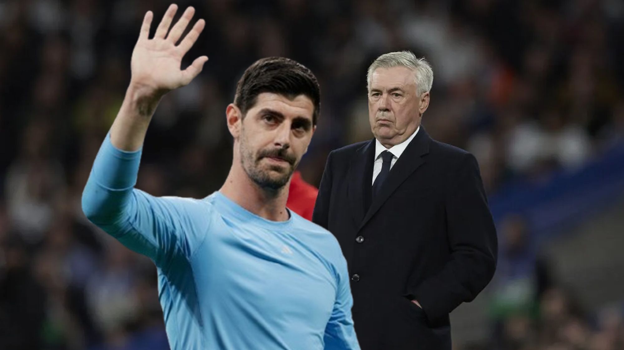 Thibaut Courtois y Carlo Ancelotti. 