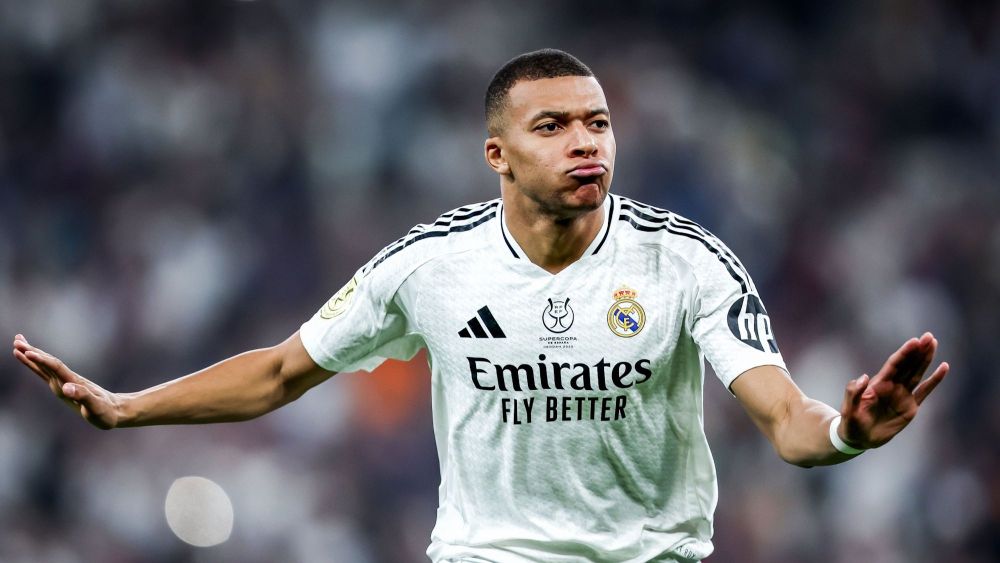 Kylian Mbappé celebrando un gol con el Real Madrid. 
