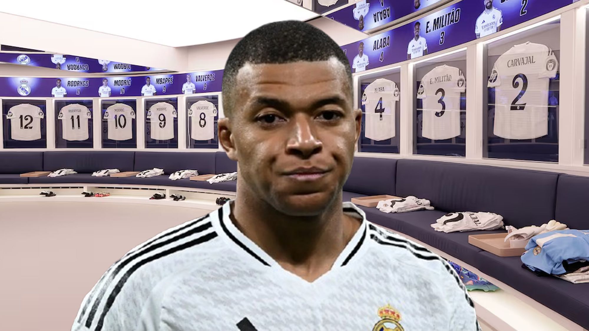 Kylian Mbappé y el vestuario del Real Madrid.