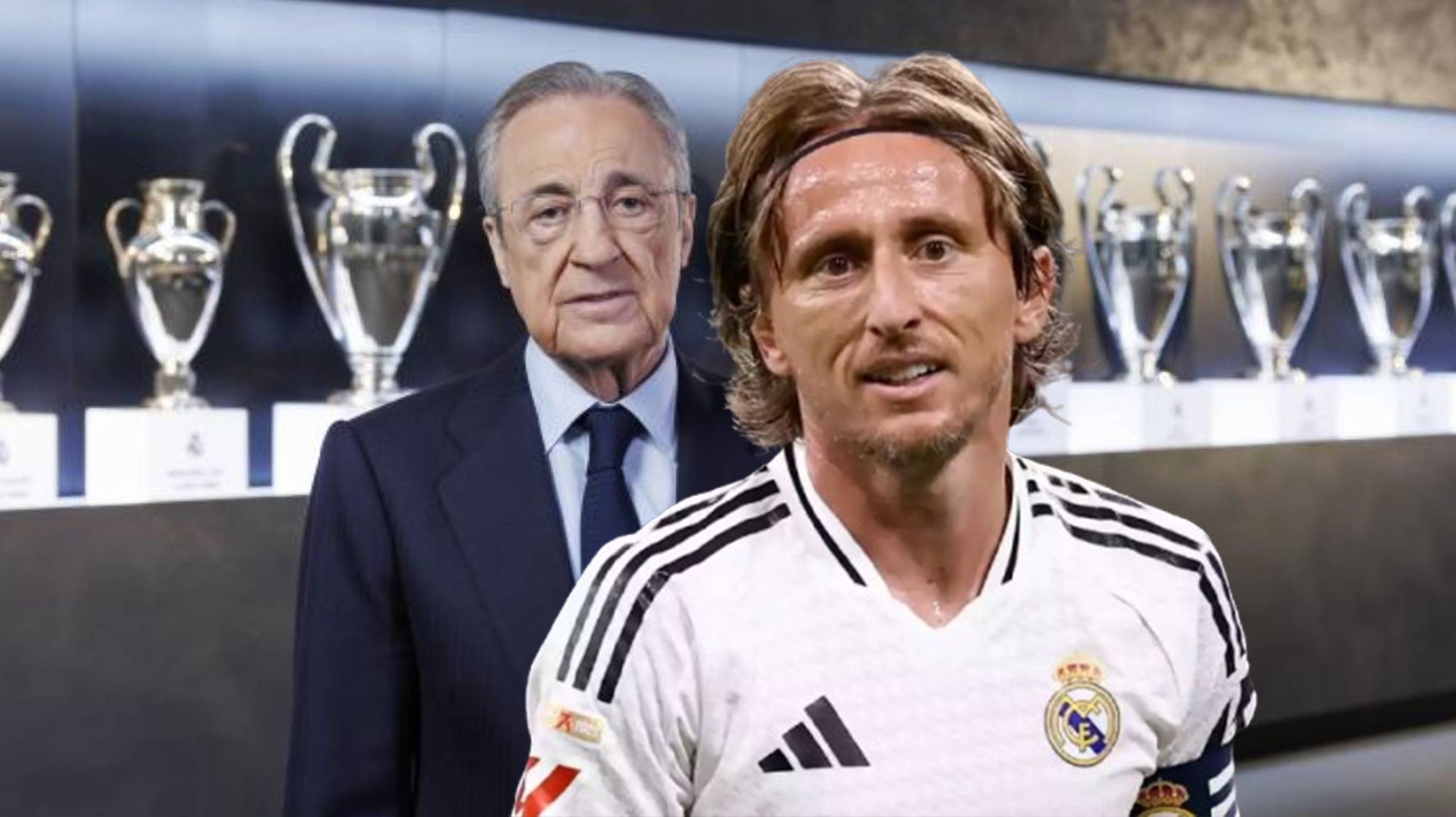 Luka Modric y una foto de Florentino Pérez con las Copas de Europa.