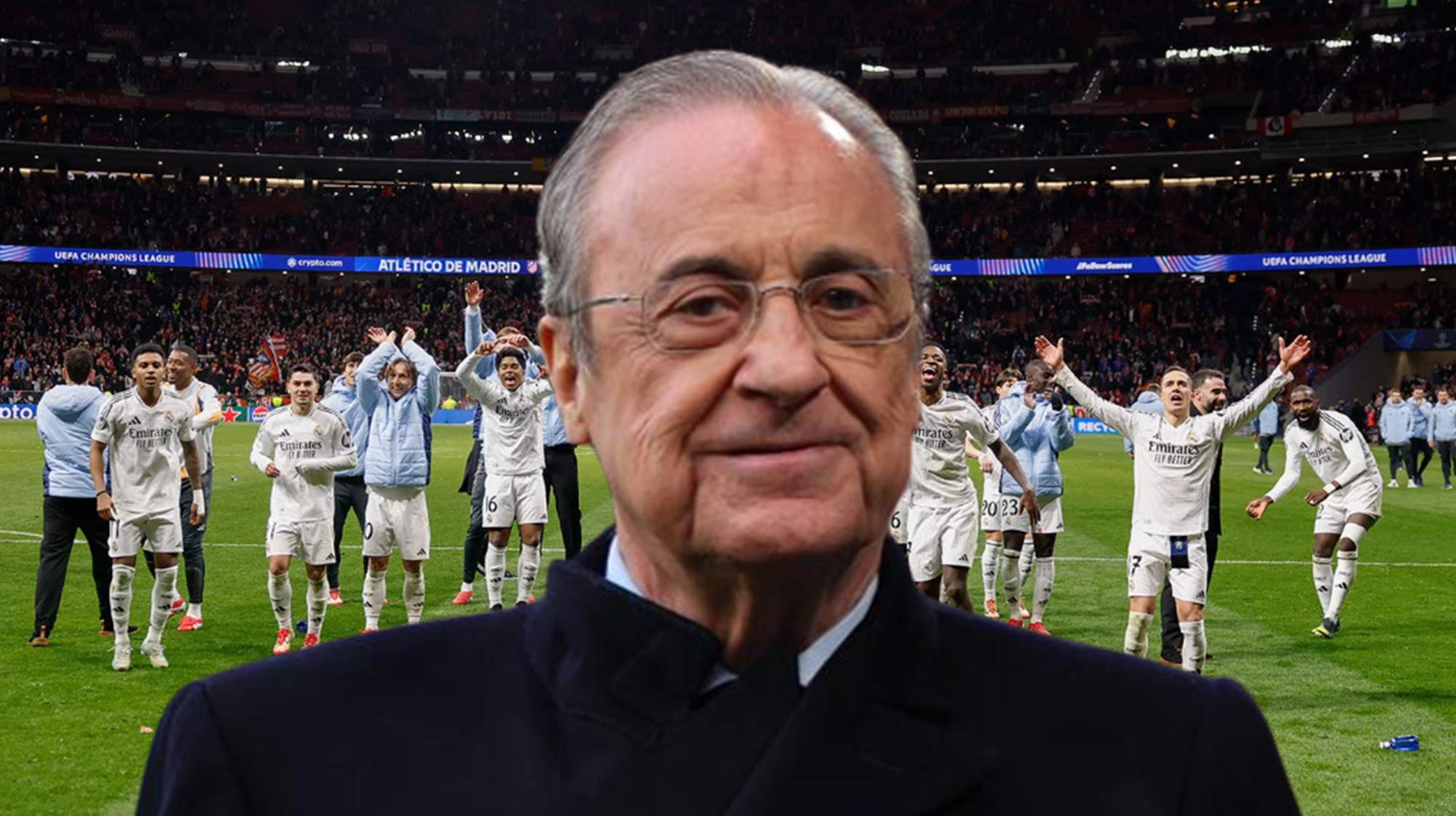Florentino Pérez y jugadores del Real Madrid celebrando la clasificación a cuartos de la Champions.
