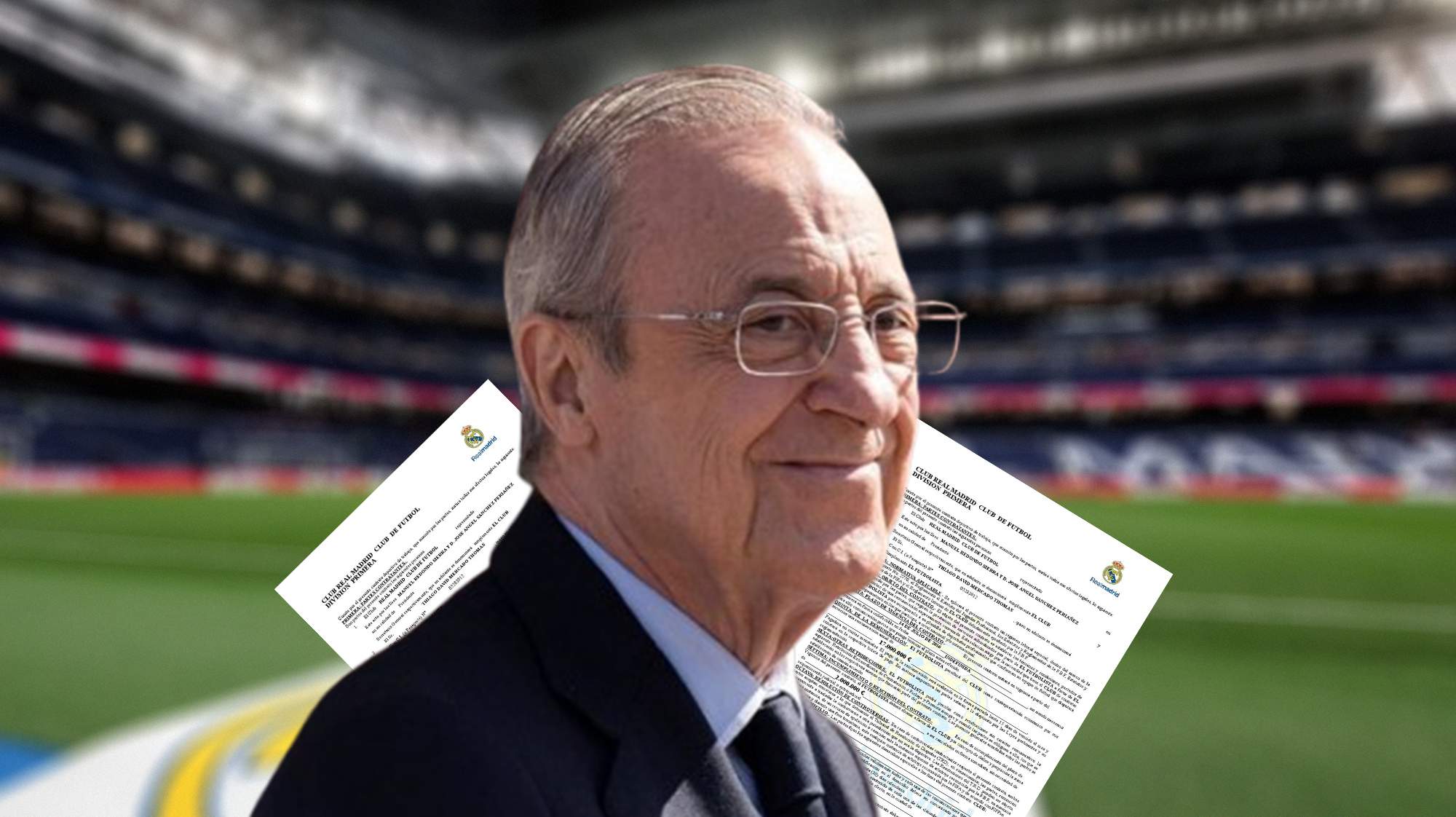 Florentino Pérez, unos contratos del Real Madrid y el Santiago Bernabéu.