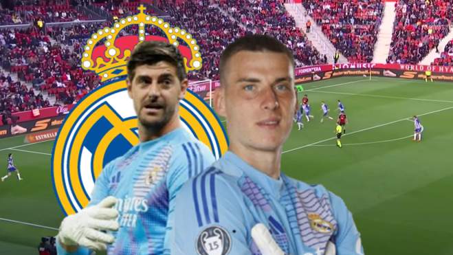 Thibaut Courtois, Andriy Lunin, escudo del Real Madrid y una captura del Mallorca - Espanyol.