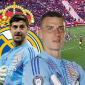 Thibaut Courtois, Andriy Lunin, escudo del Real Madrid y una captura del Mallorca - Espanyol. Thibaut Courtois, Andriy Lunin, escudo del Real Madrid y una captura del Mallorca - Espanyol.