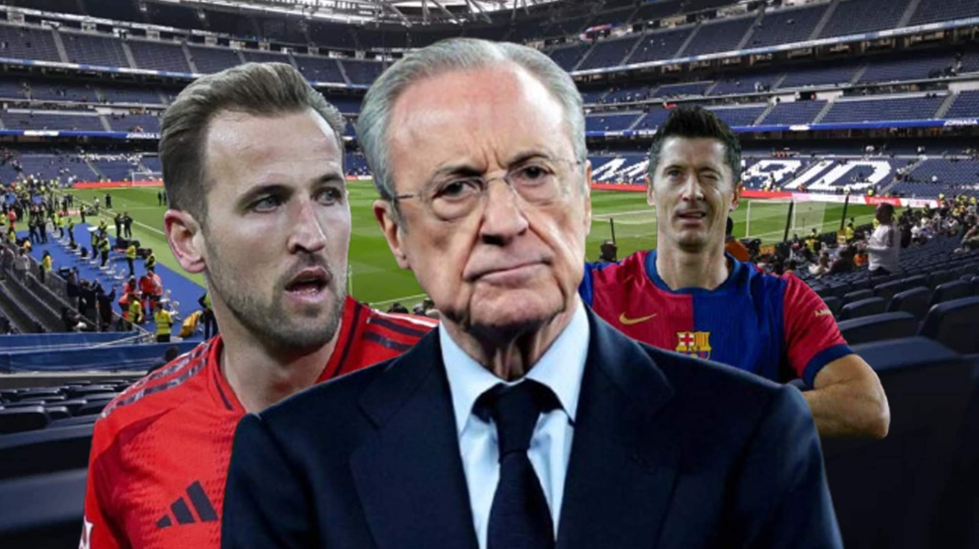 Harry Kane, Florentino Pérez y Robert Lewandowski.