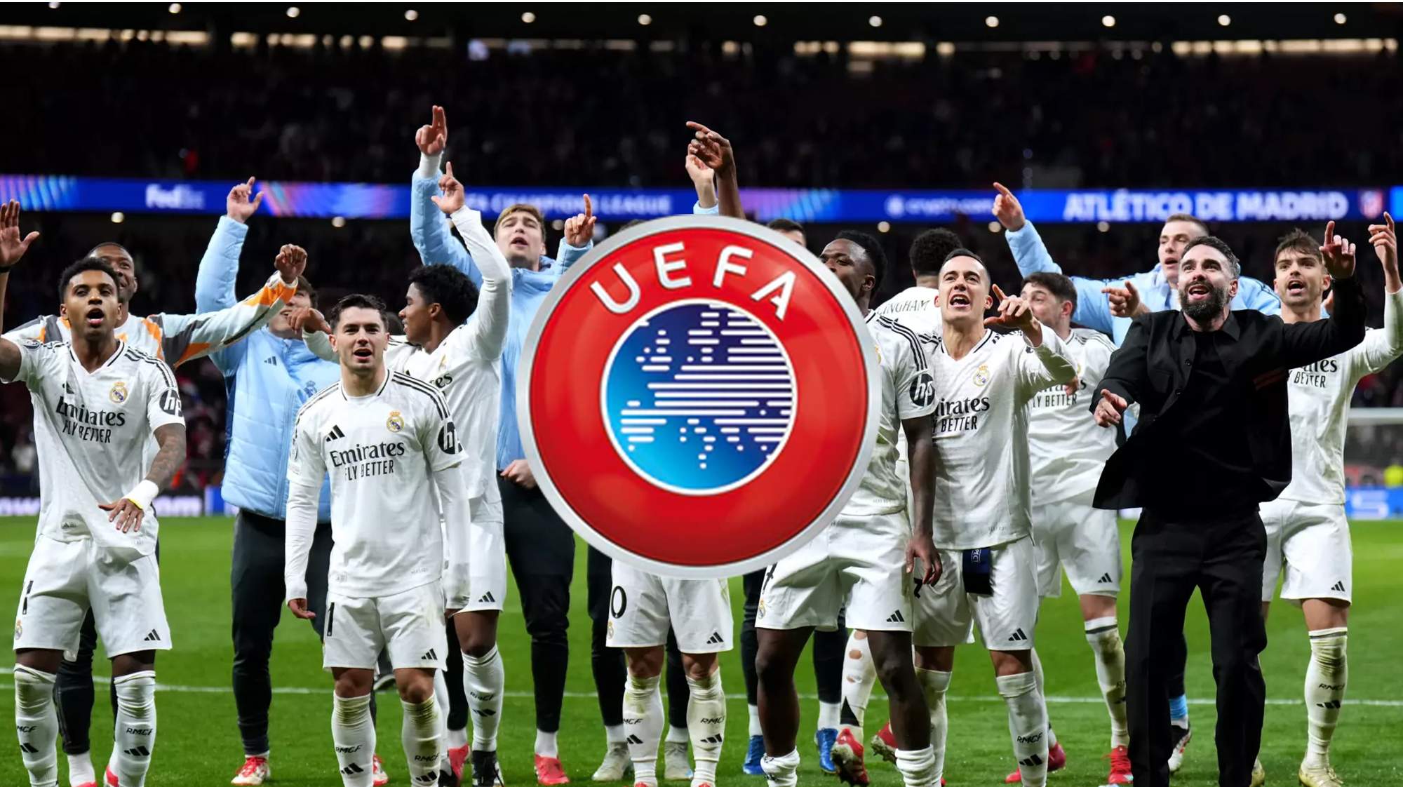 Logo de la UEFA y la celebración de los jugadores del Real Madrid en el Metropolitano.
