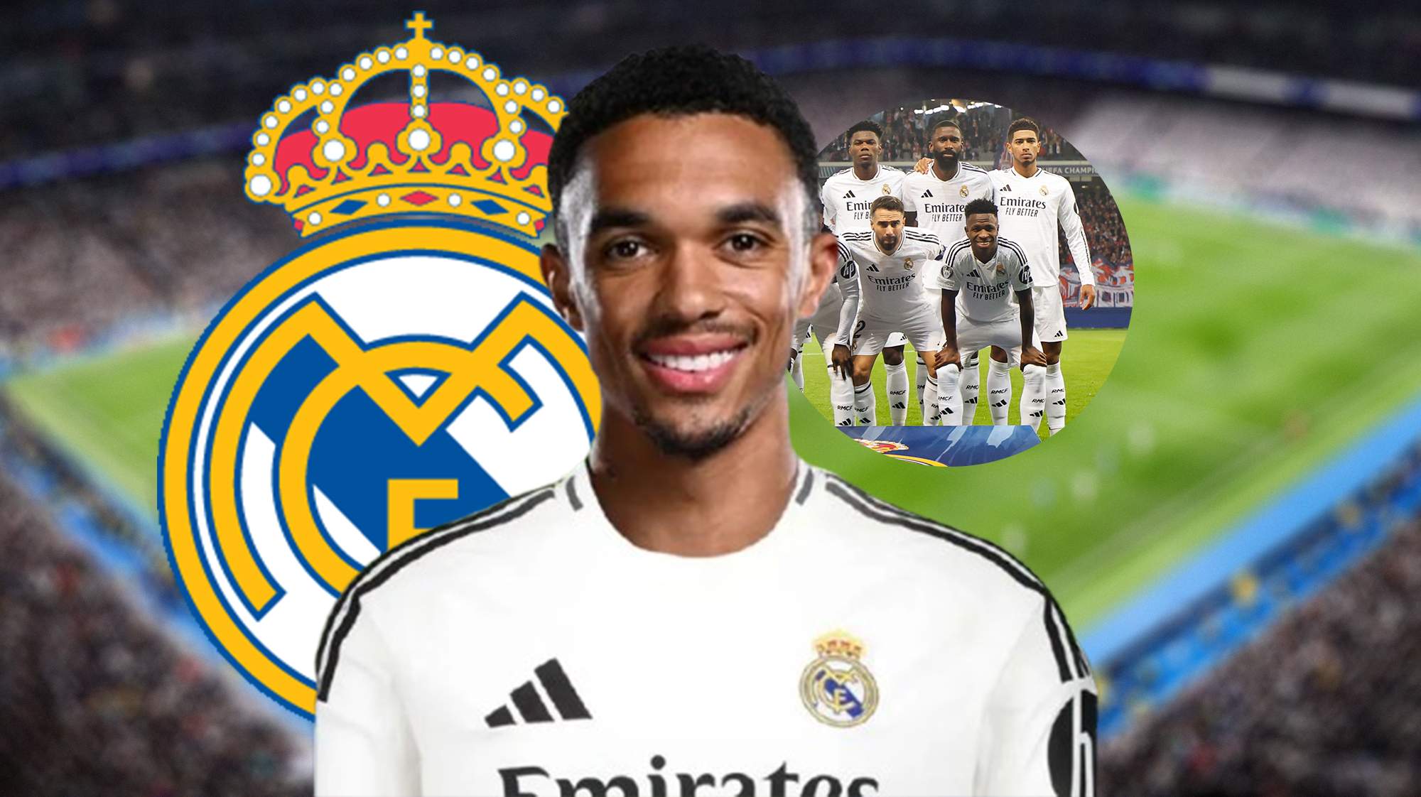 Alexander-Arnold, escudo del Real Madrid y jugadores del Real Madrid.
