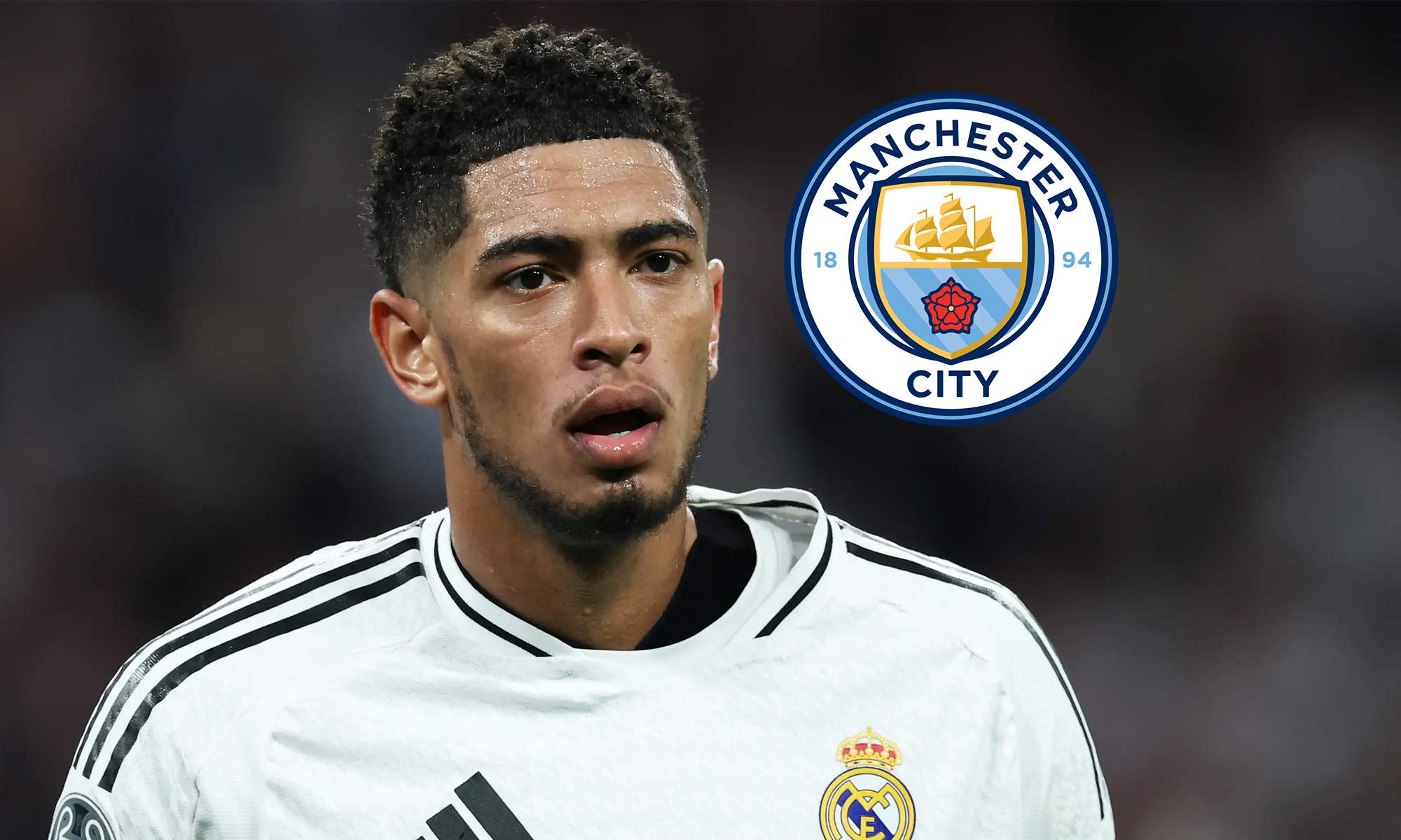 Jude Bellingham y el escudo del Manchester City.