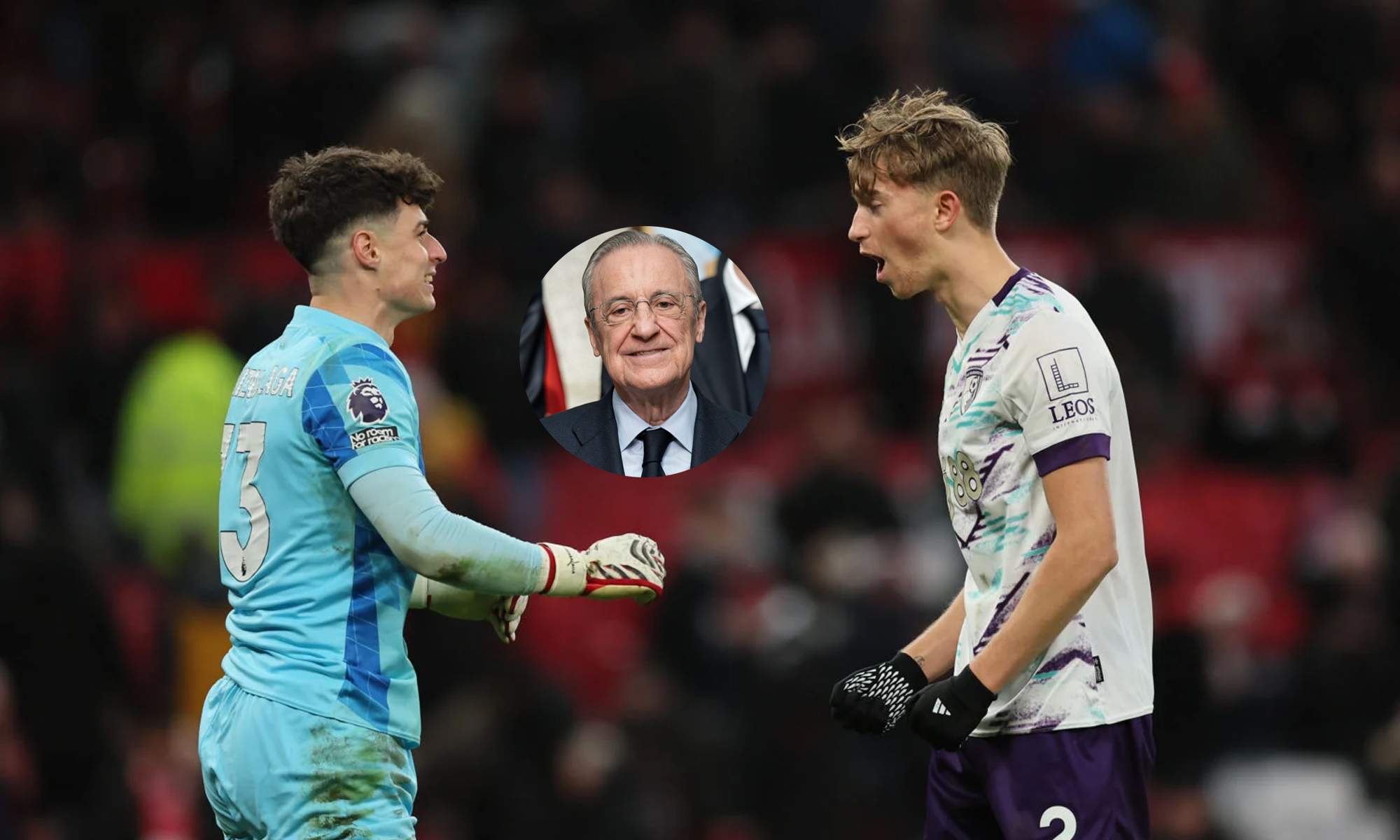 Kepa Arrizabalaga, Dean Huijsen y una foto de Florentino Pérez. 