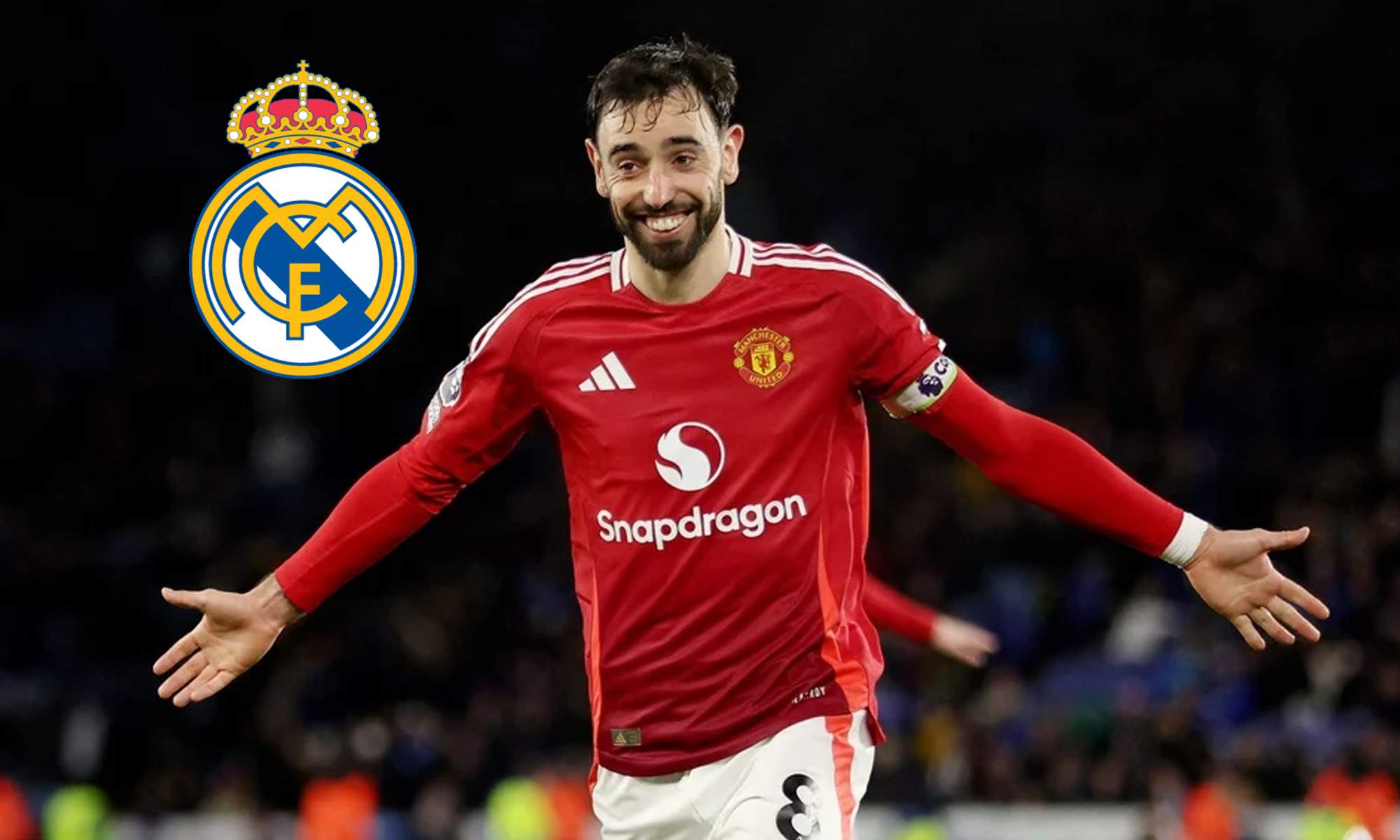 Bruno Fernandes jugando con el Manchester United y el escudo del Real Madrid.