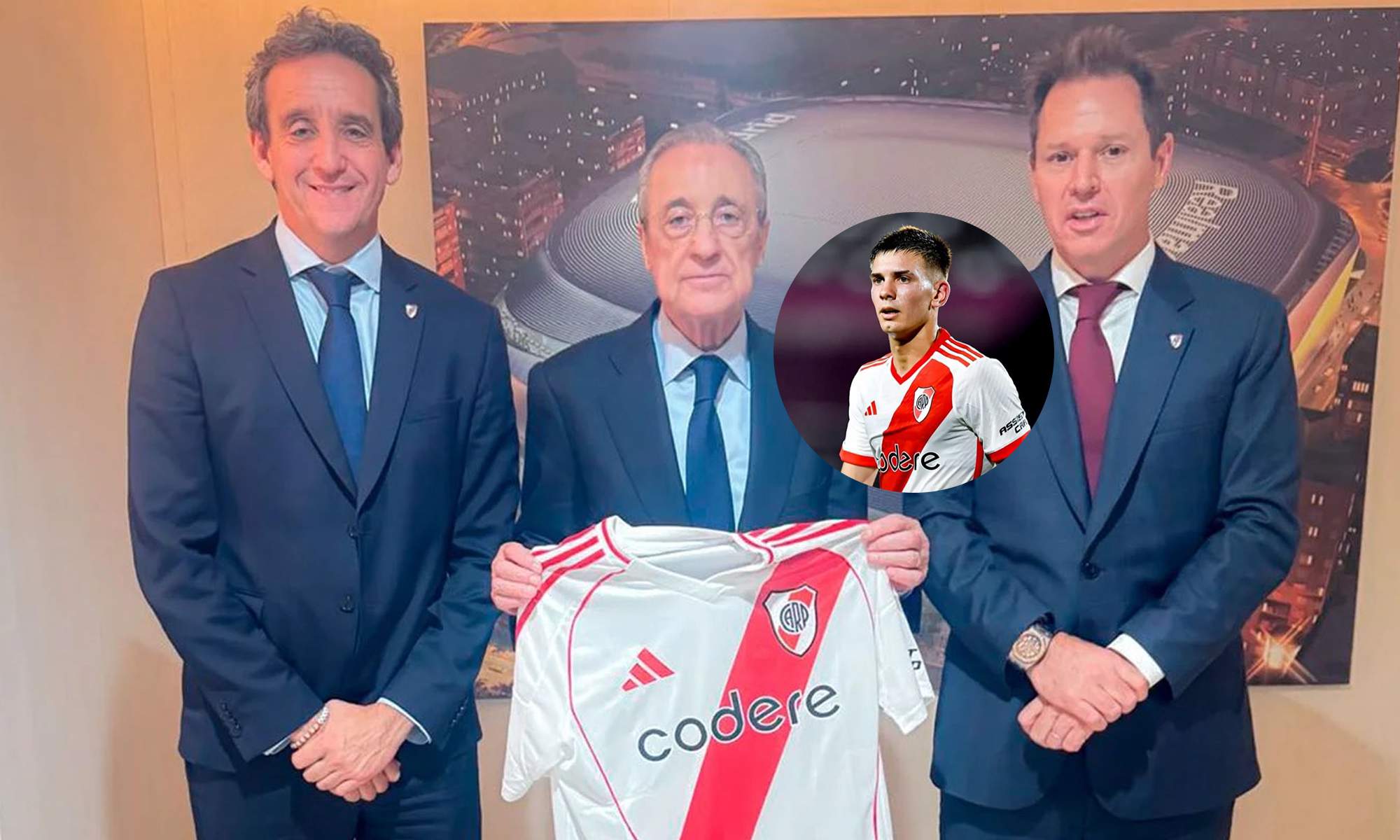 Florentino Pérez junto a directivos de River Plate, con su camiseta y una foto de Franco Mastantuono.