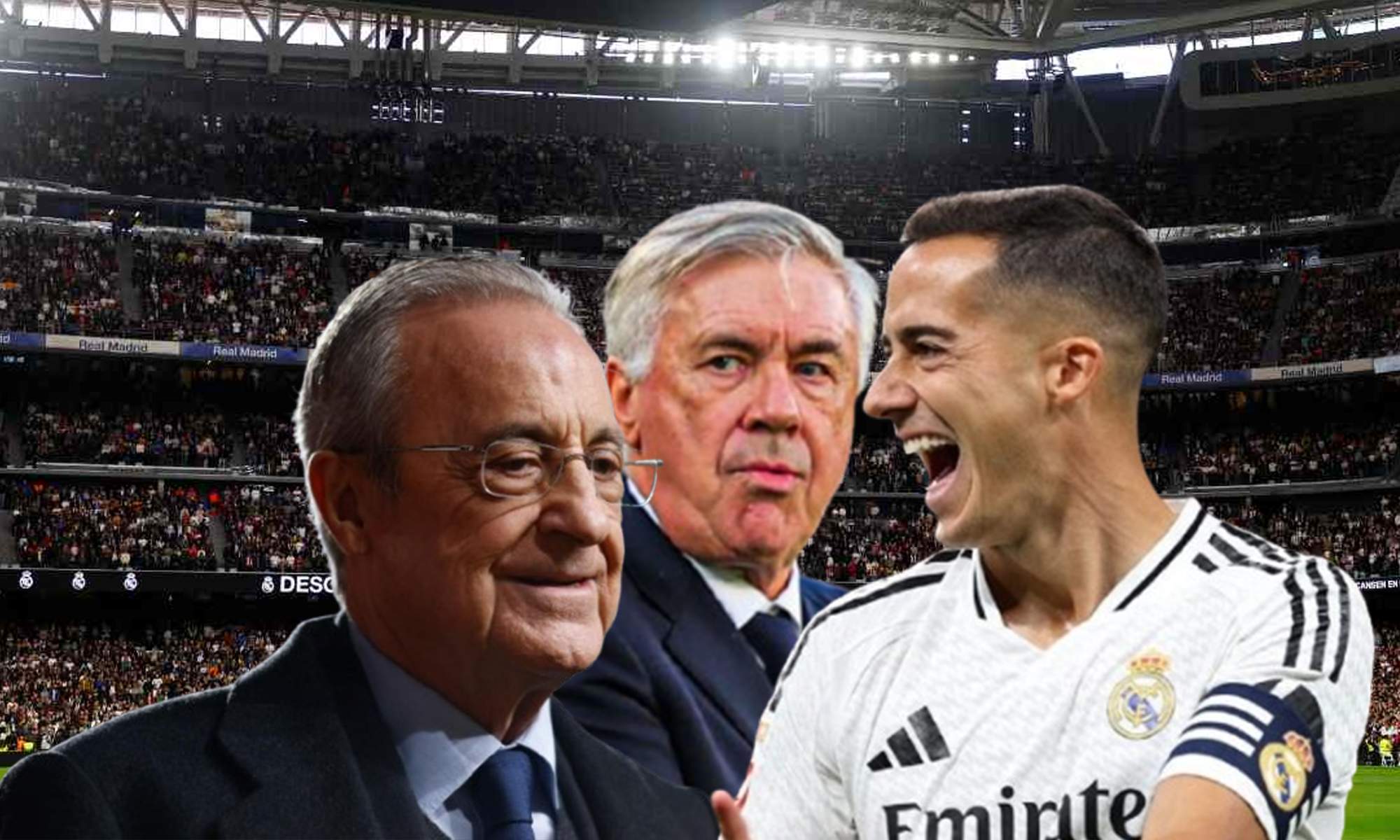 Florentino Pérez, Carlo Ancelotti, Lucas Vázquez y el Santiago Bernabéu.