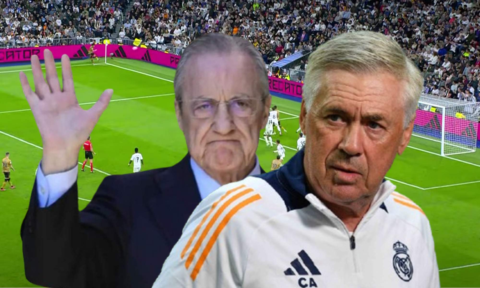 Florentino Pérez, Carlo Ancelotti y una captura del Real Madrid - Real Sociedad.